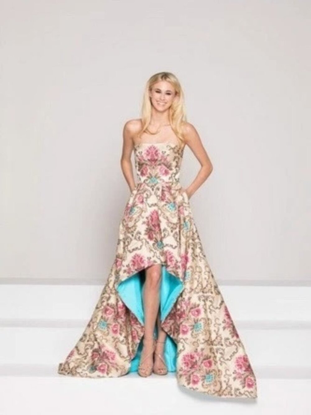 Colors Dress Beige Multi Floral Jacquard Embroidered Strapless Gown